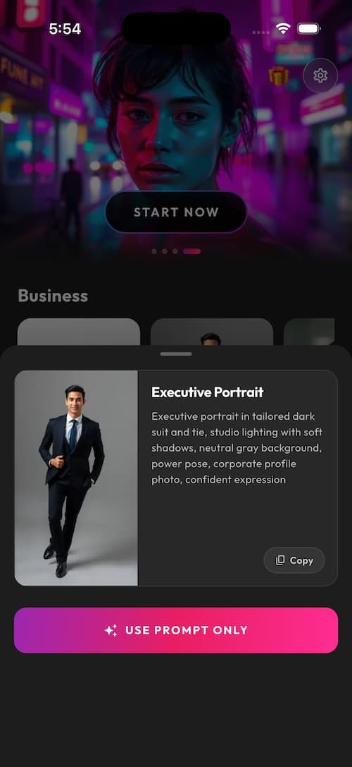SelfAI AI headshot generator - choose photo style screen