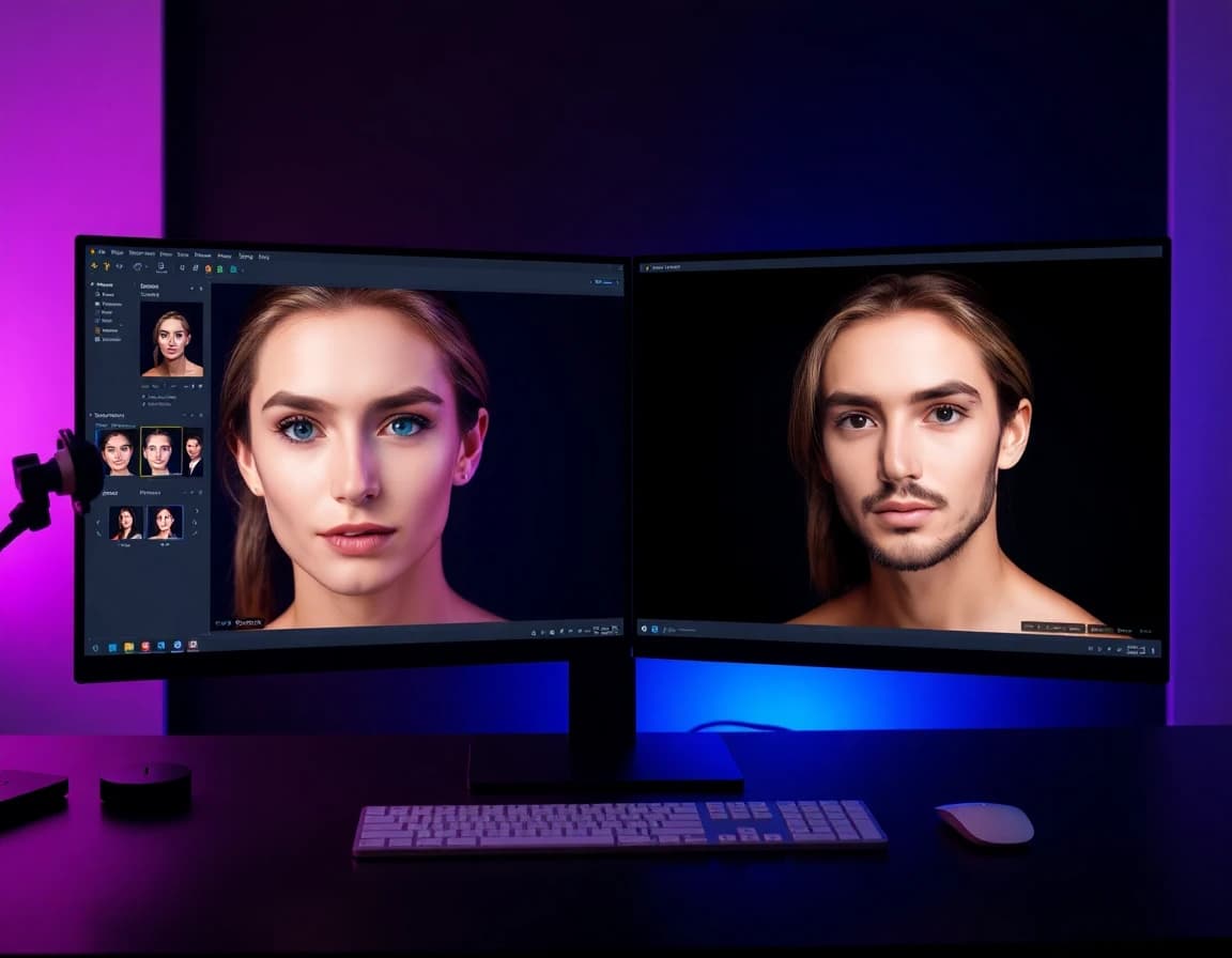AI photo editor transforming portrait with professional retouching and studio lighting - SelfAI AI photo studio app