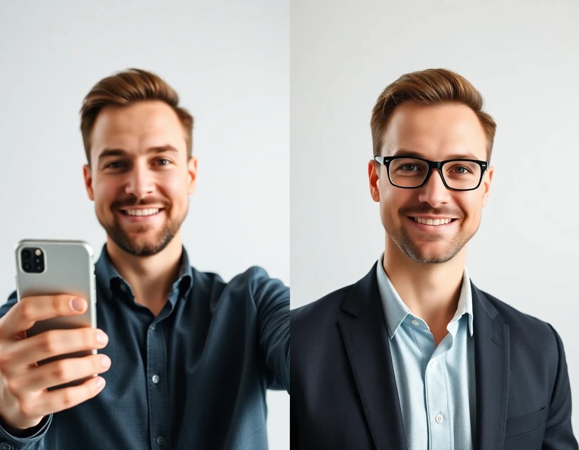 Best AI headshot generator app - before and after selfie to professional headshot transformation with SelfAI